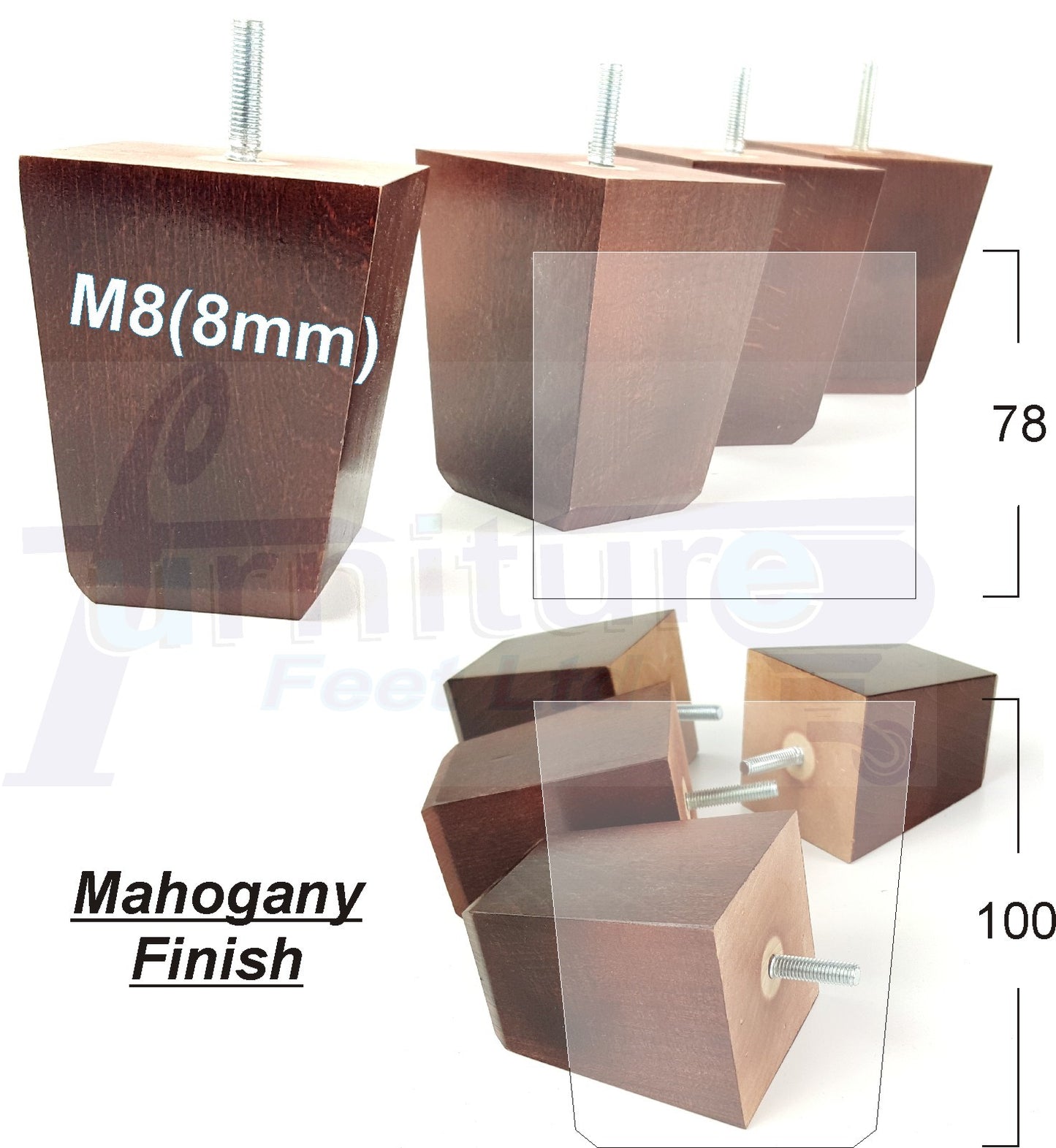 Set Of 4 Square Block Solid Wood Furniture Feet Replacement Legs 100mm High M8(8mm)