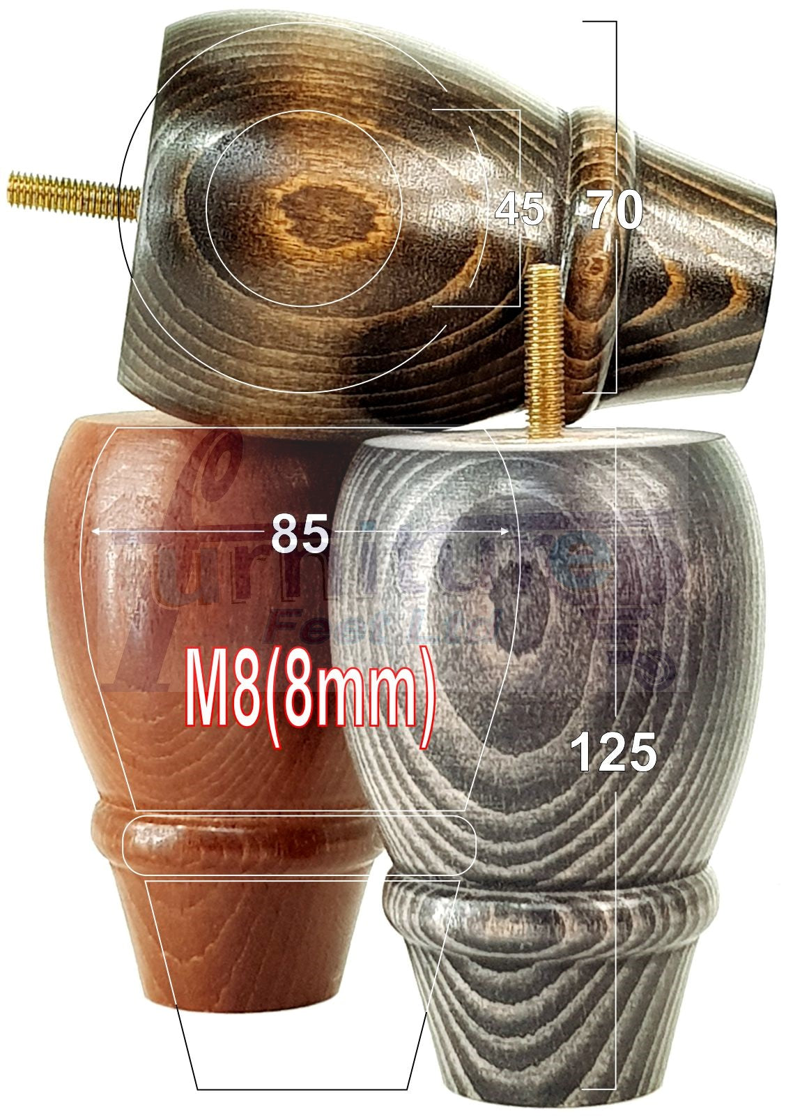 Set Of 4 Wooden Turned Replacement Furniture Legs 125mm High 8mm Thread
