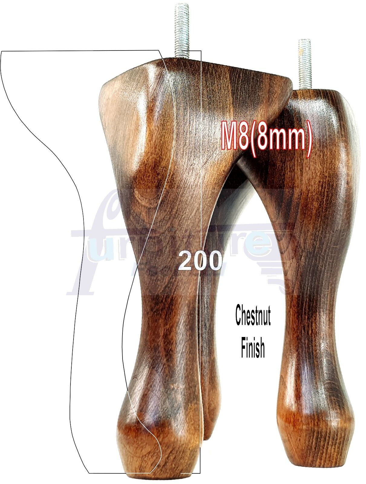 4 Solid Wood Furniture Feet 200mm High Vintage Queen Anne Replacement Legs M8 8 Inches
