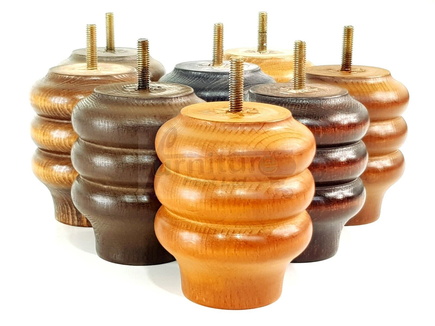 Set Of 4 Solid Wood Turned Furniture Legs Replacement Bun Feet 100mm High 8mm Thread