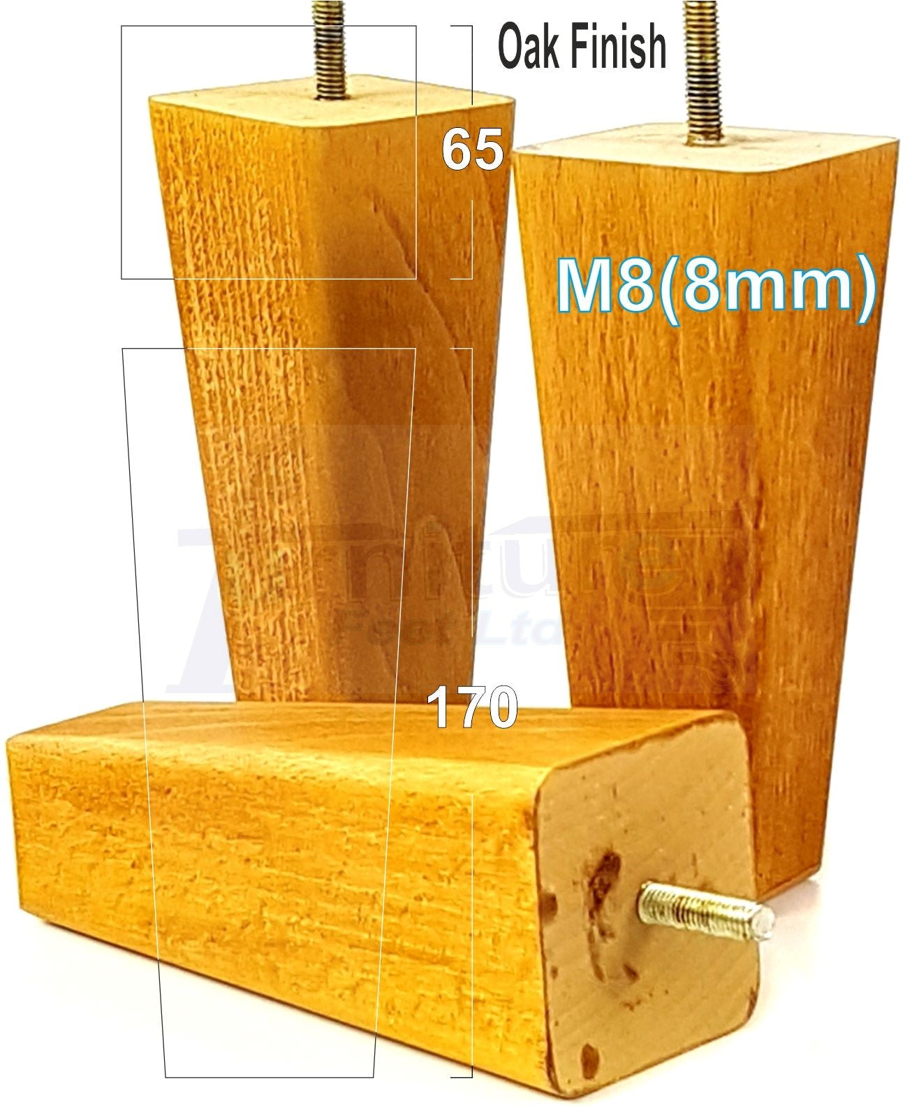 4x Wooden Furniture Legs 170mm High Replacement Square Tapered Feet 8mm