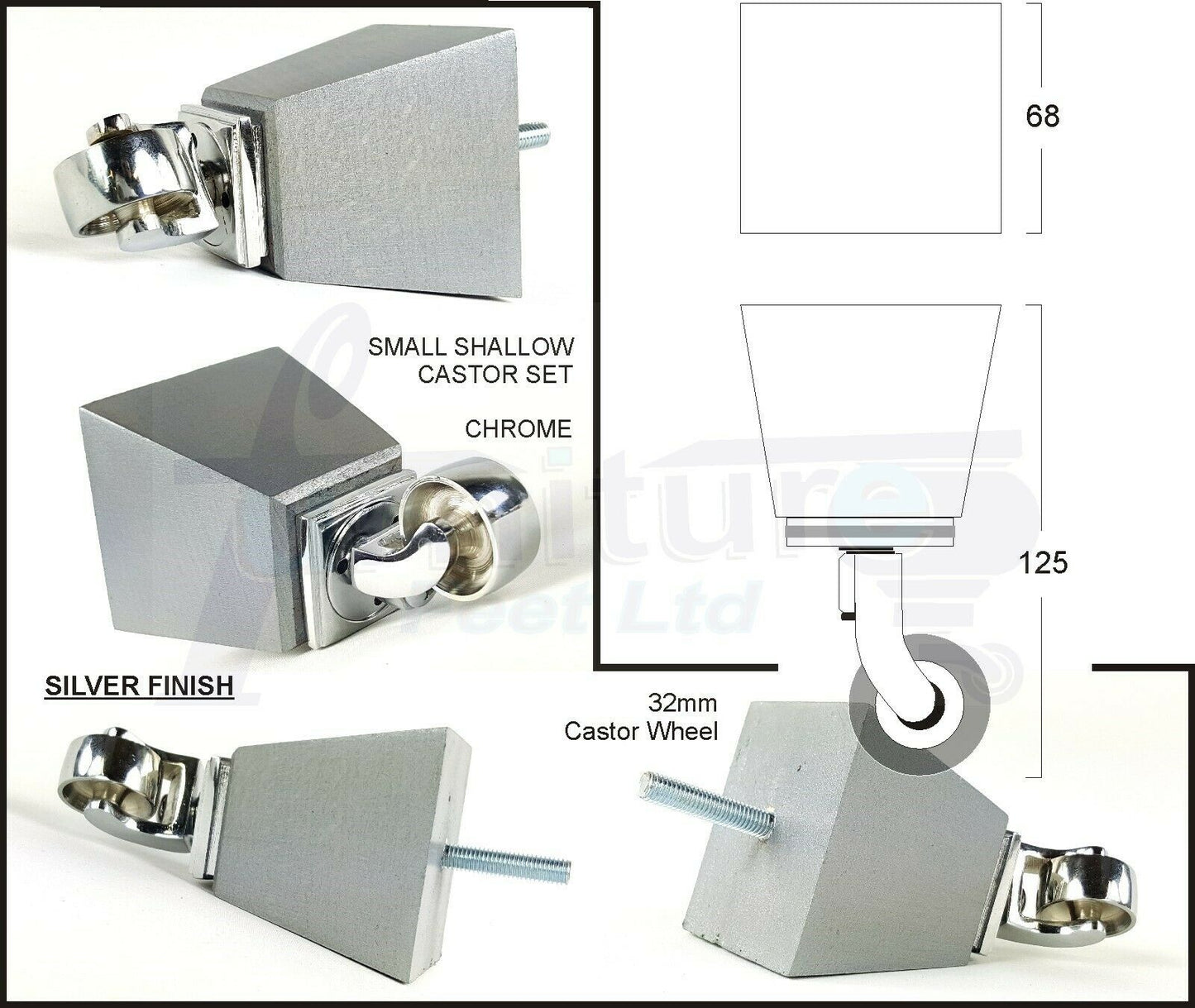 Set Of 4 Wooden Turned Replacement Furniture Legs 125mm High With Chrome Castor Wheels 8mm Thread