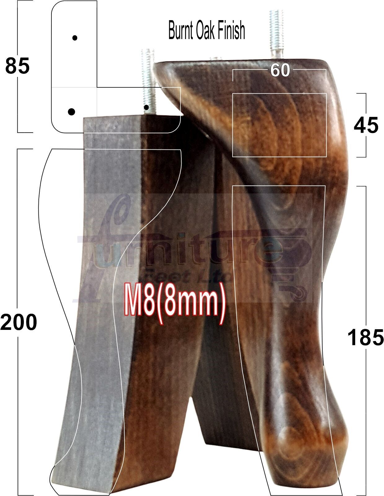 2x Vintage Queen Anne Replacement Furniture Legs & 2x Curved Back Feet 200mm High 8mm Thread