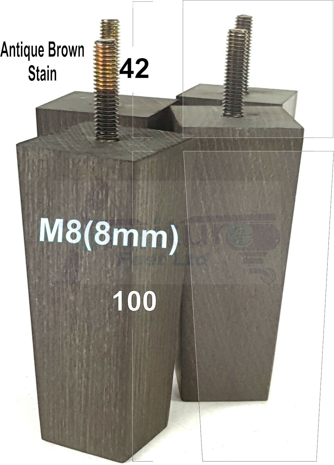 4x Solid Wood Block Furniture Legs Replacement Square Feet 100mm High M8(8mm)