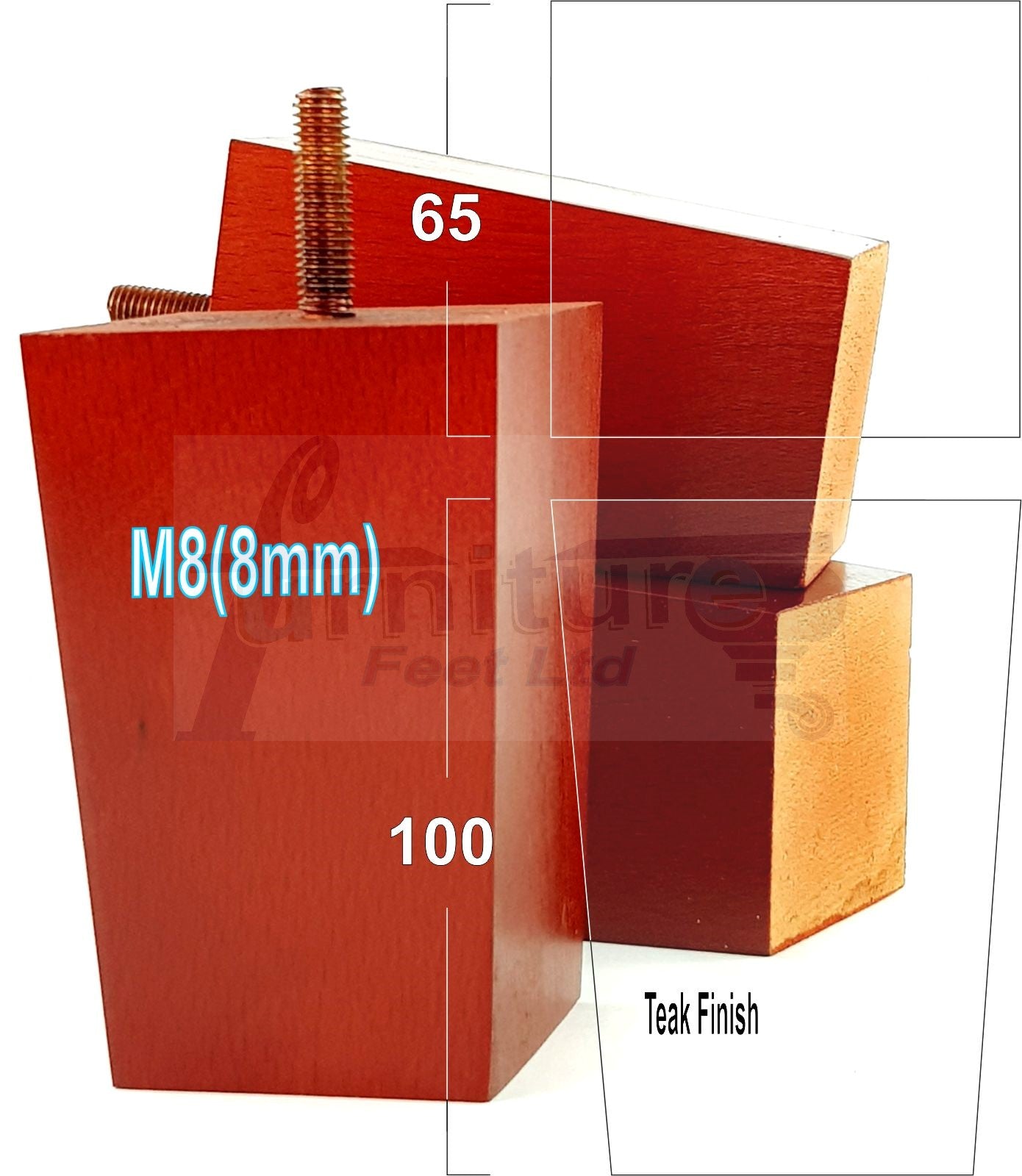 Solid Wood Furniture Feet Square Replacement Block Tapered Legs 100mm High M8 Set of 4 Sofa Chairs Stools Cabinets Beds