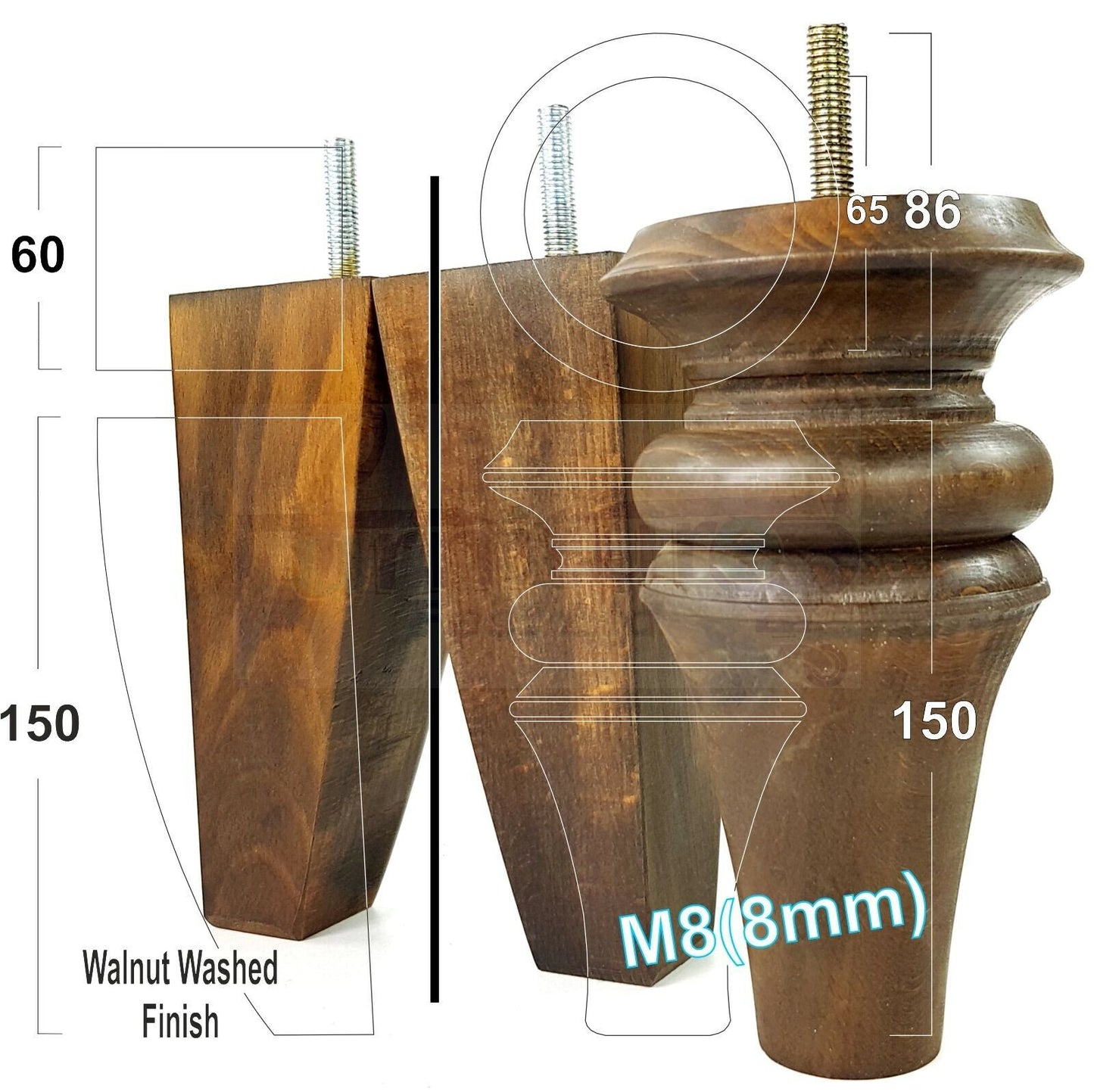 2x Turned & 2x Curved Back Wooden Feet Replacement Furniture Legs 150mm M8(8mm)