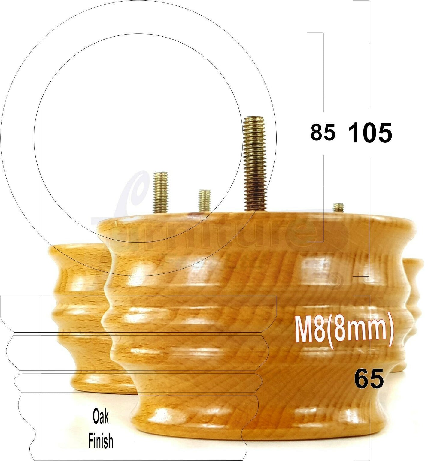 4x Turned Wooden Furniture Replacement Legs 65mm High 8mm Tread