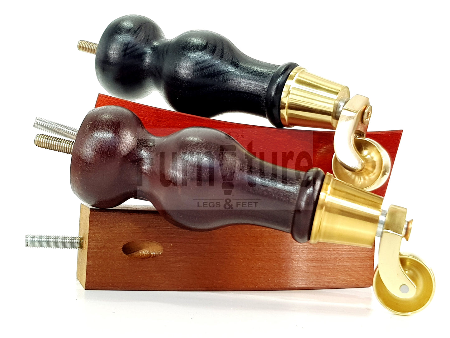 2x Turned Wood Furniture Feet With Brass Castor 155mm and 2 Curved Back Legs 6 Inches 8mm Thread