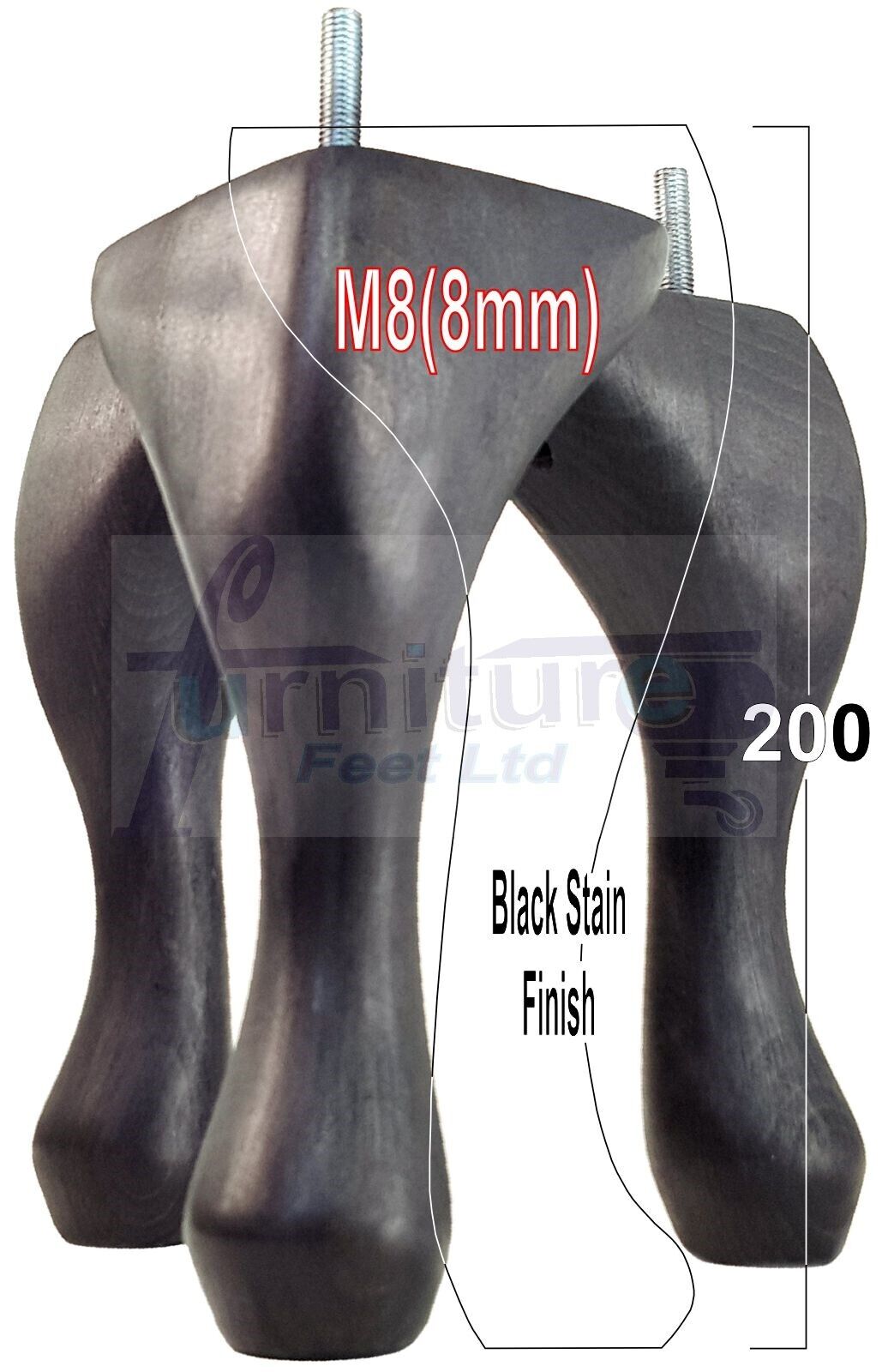 4 Solid Wood Furniture Feet 200mm High Vintage Queen Anne Replacement Legs M8 8 Inches