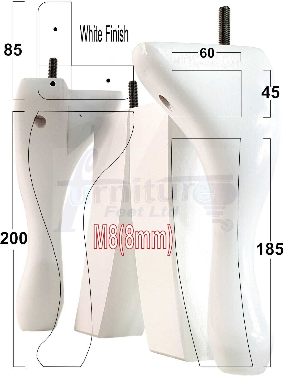 2x Vintage Queen Anne Replacement Furniture Legs & 2x Curved Back Feet 200mm High 8mm Thread