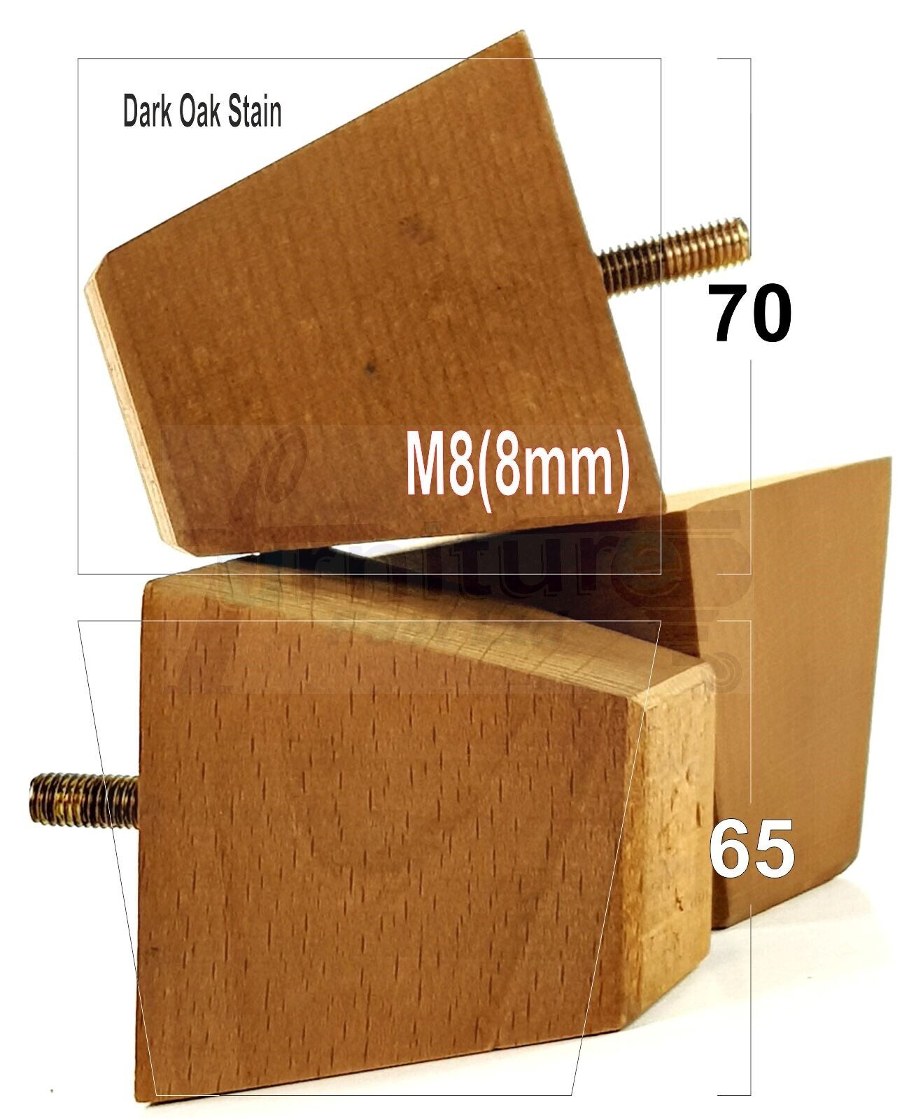 Set Of 4 Solid Wood Square Block Furniture Feet Replacement Legs 65mm High M8(8mm)