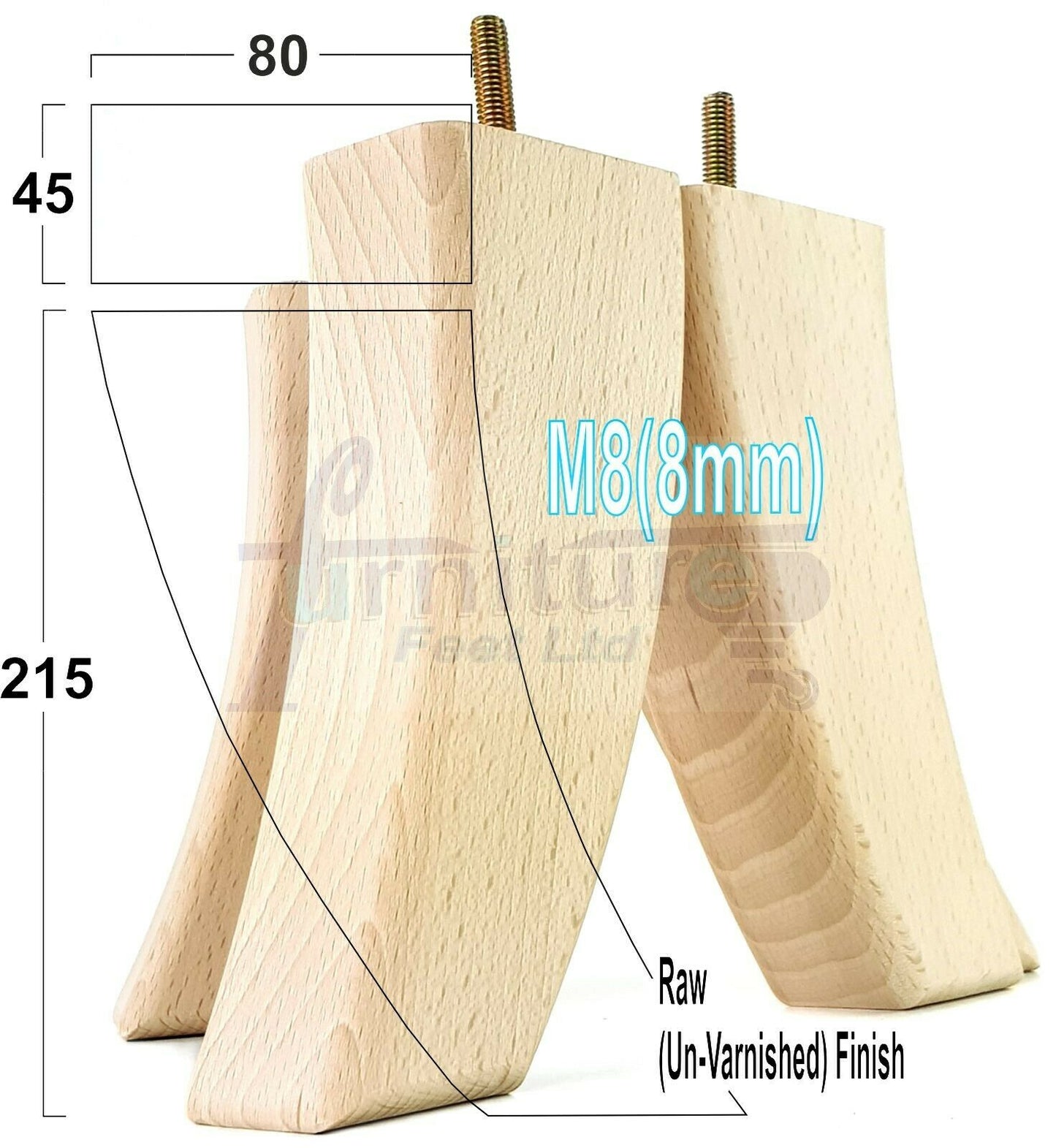 SET OF 4 WOODEN FURNITURE FEET 215mm HIGH REPLACEMENT SOFA LEGS 8mm Thread