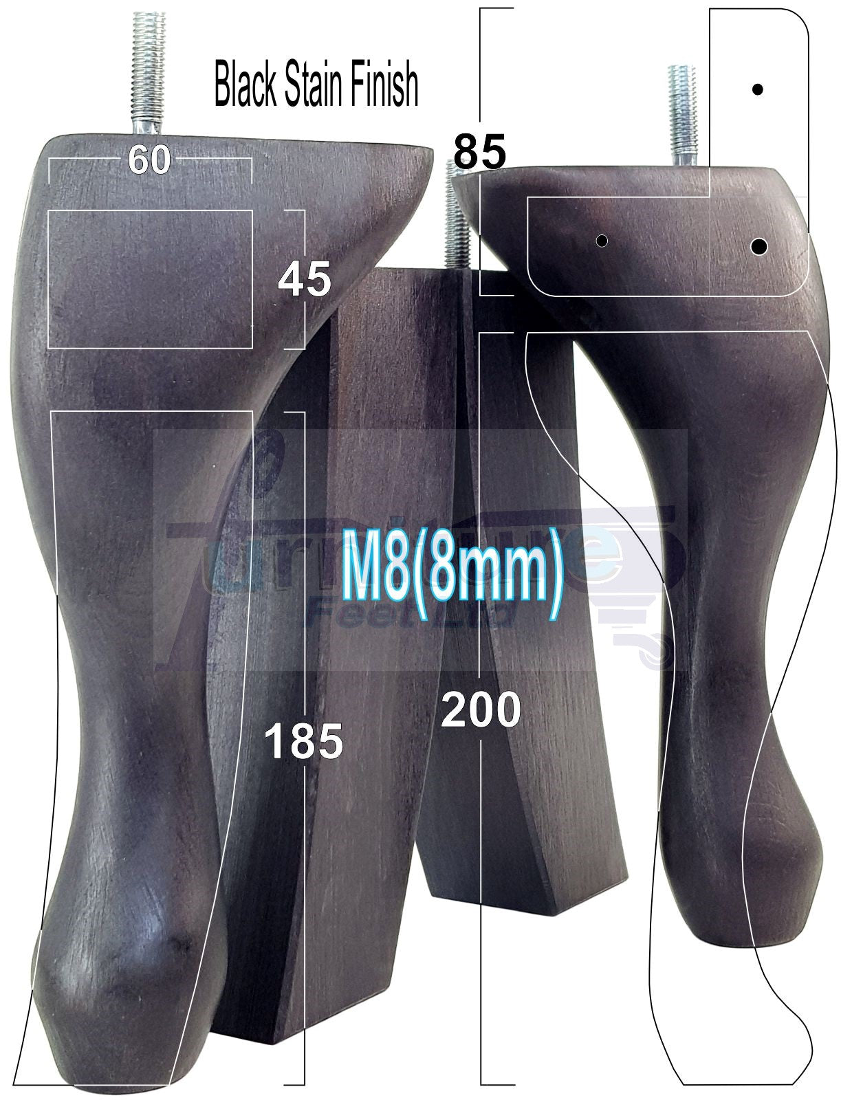 2x Vintage Queen Anne Replacement Furniture Legs & 2x Curved Back Feet 200mm High 8mm Thread