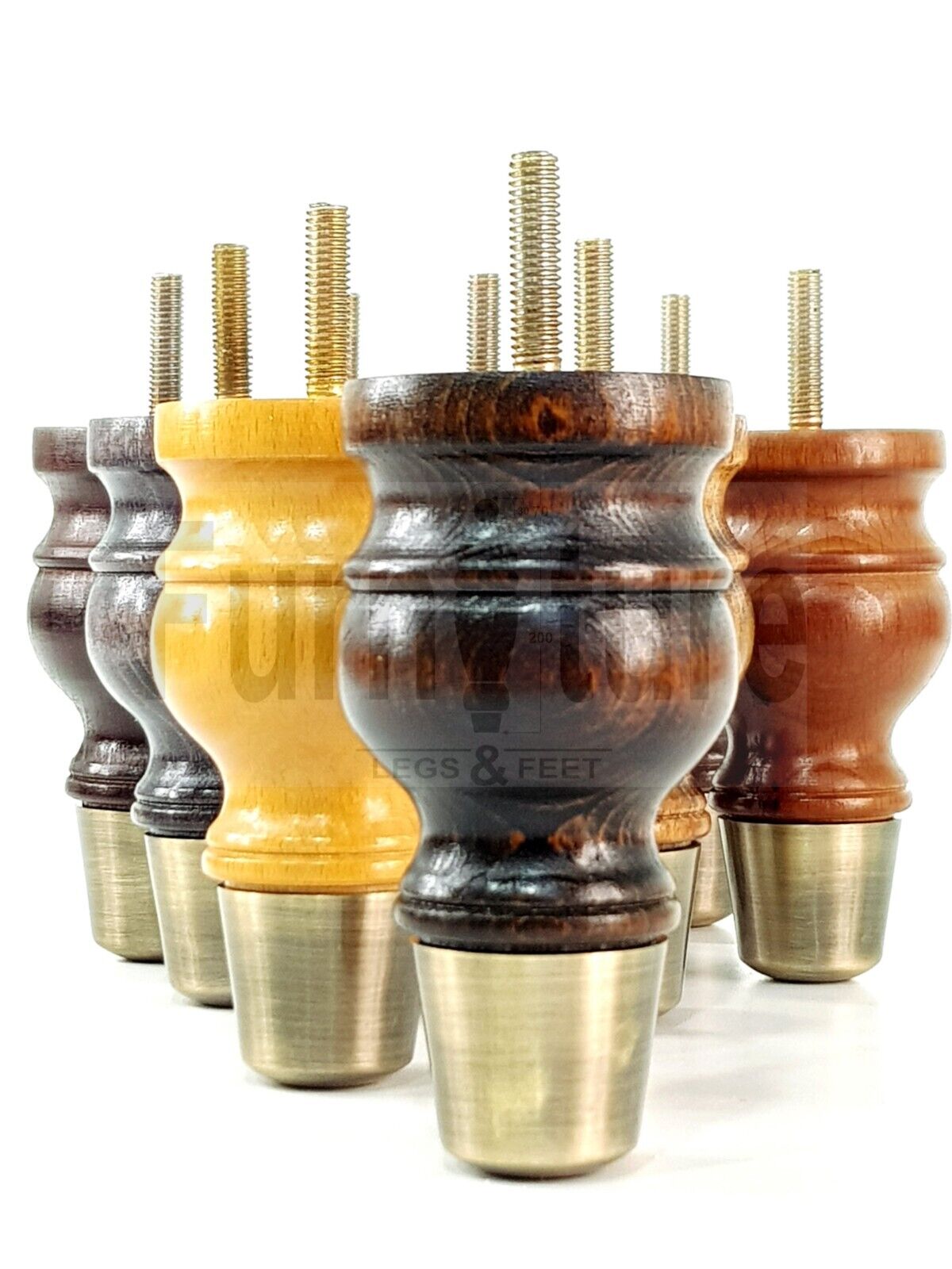 4x Turned Wooden Furniture Leg Brass Slipper Cup Sofa, Chair Feet 110mm High M8