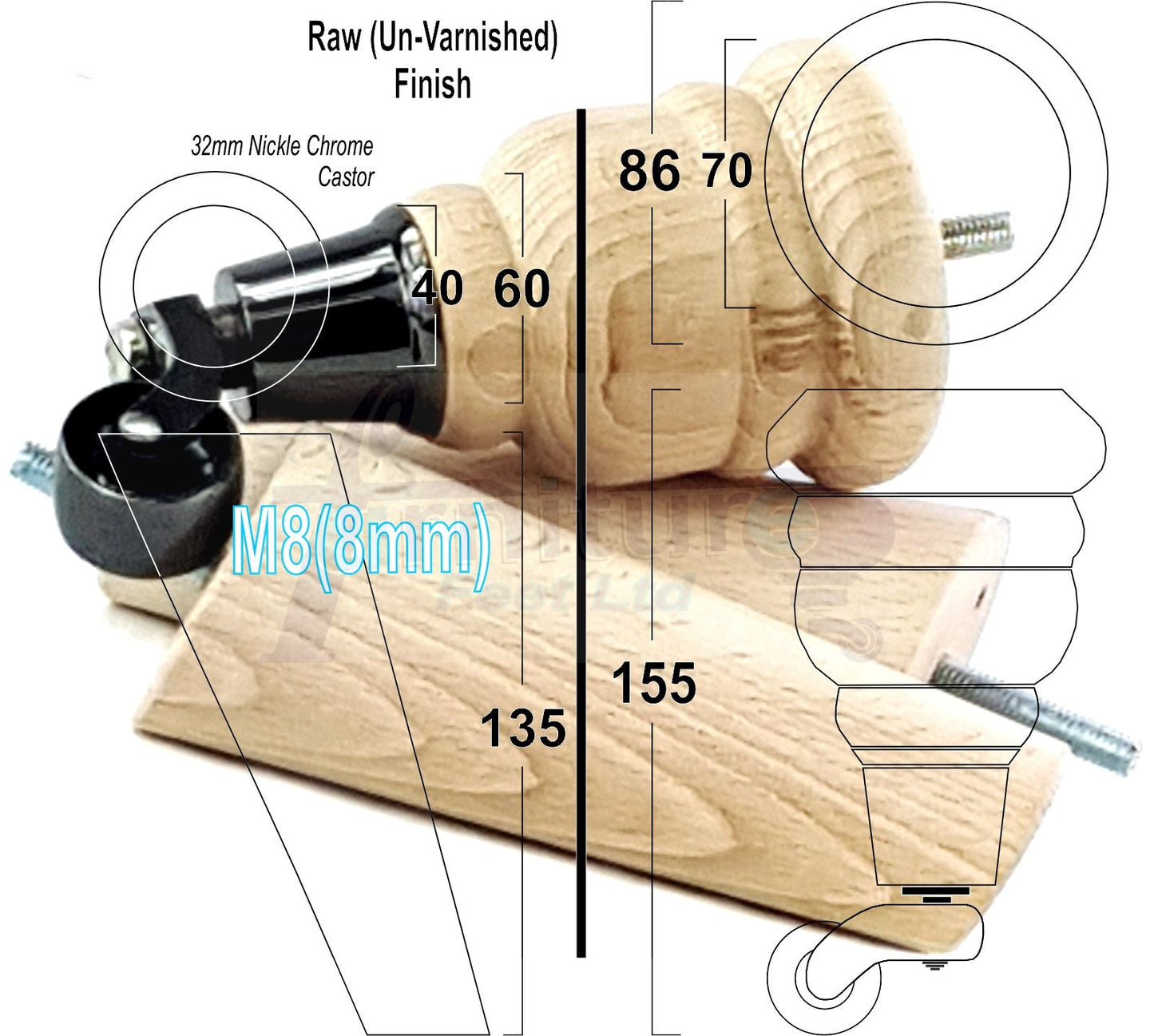 Raw Turned Wood Furniture Feet 2 With Castors 155mm and 2 Angled Back Legs Sofas Chairs Stools Cabinets Beds M8 6 Inches