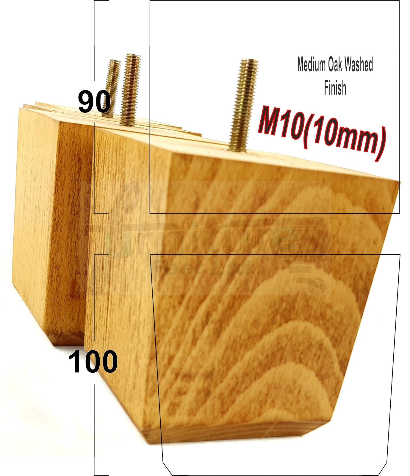 4x Solid Wood Square Furniture Legs Block Replacement Feet 100mm M10 Thread