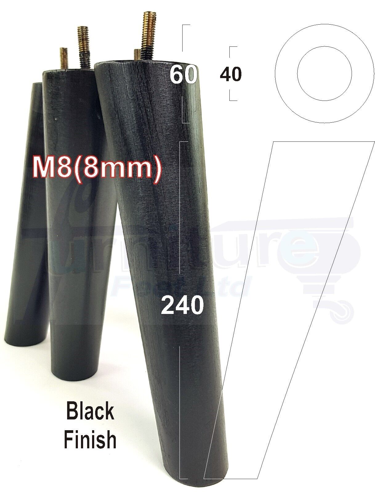 4x Wood Replacement Angled Furniture Chair Legs M8 Settee Sofa Feet 240mm High