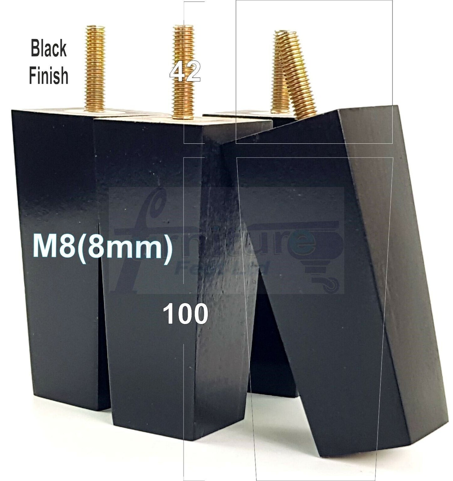 4x Solid Wood Block Furniture Legs Replacement Square Feet 100mm High M8(8mm)