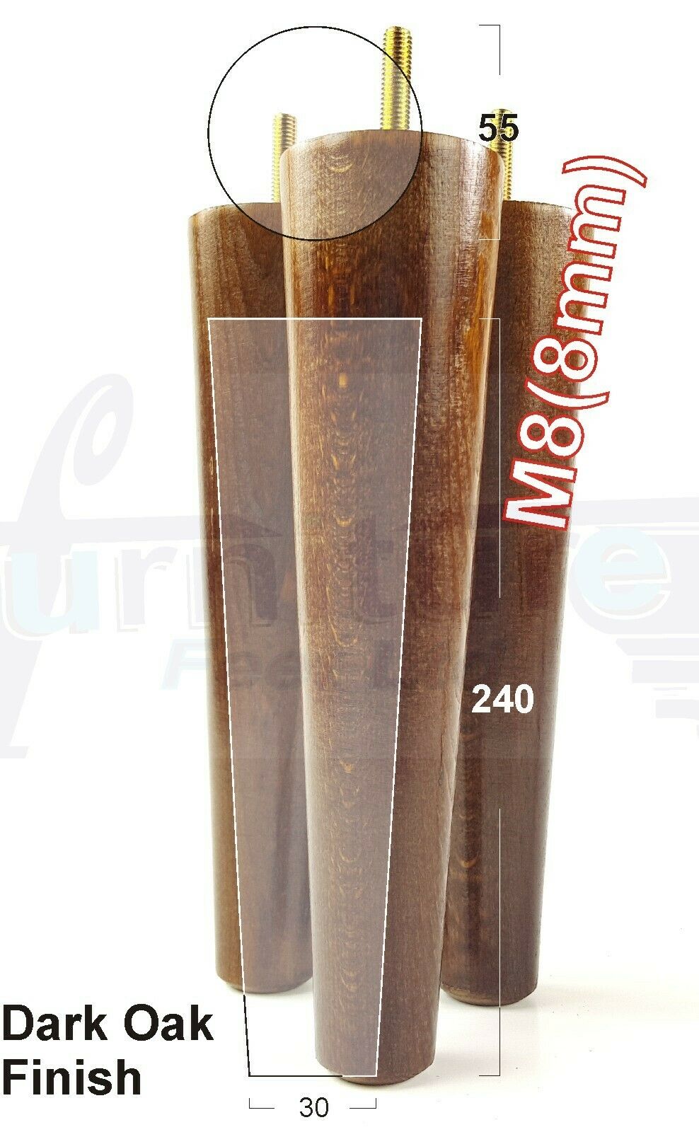 4 Retro Wood Replacement Furniture Chair Legs M8 Footstool Settee Sofa Feet 240mm High