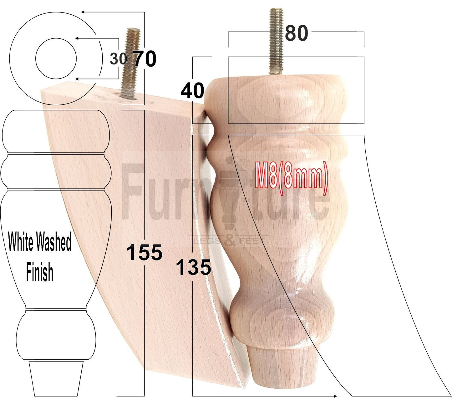 2x Turned Wood Furniture Feet 155mm and 2 Curved Back Legs Sofas Chairs Beds M8 Thread 6 Inches