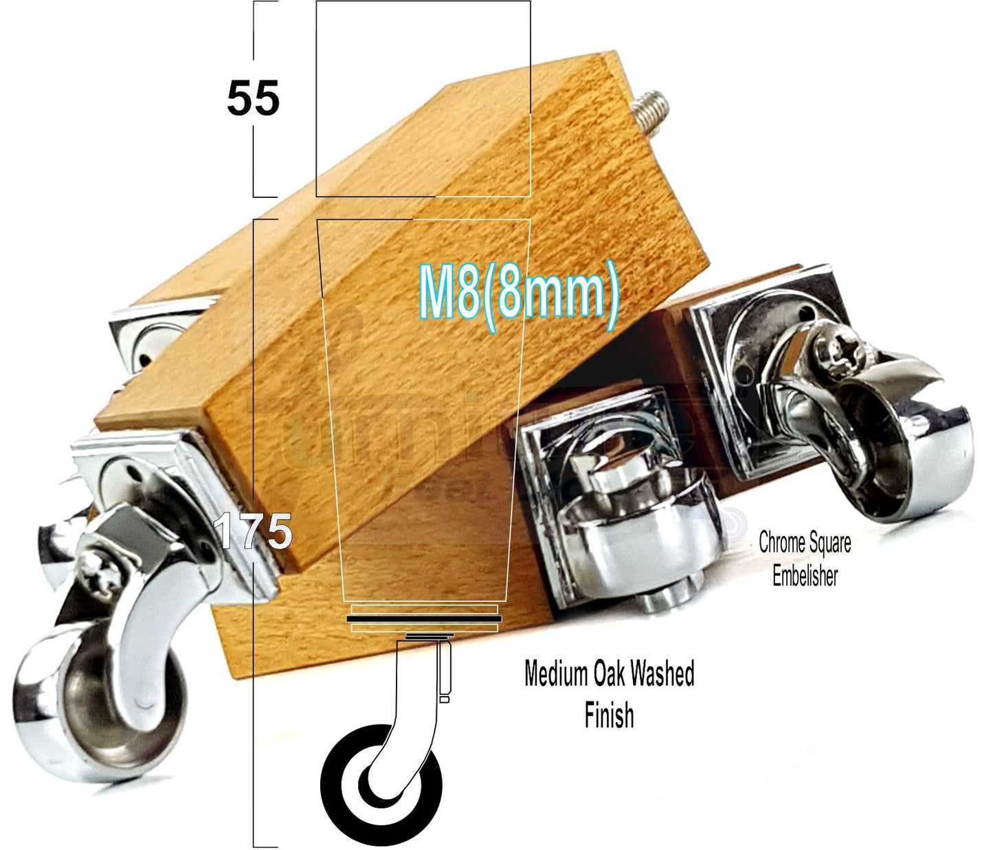 4x Solid Wood Furniture Legs Chair Sofa Bed Replacement Feet 175mm High With Chrome Castors 8mm Thread