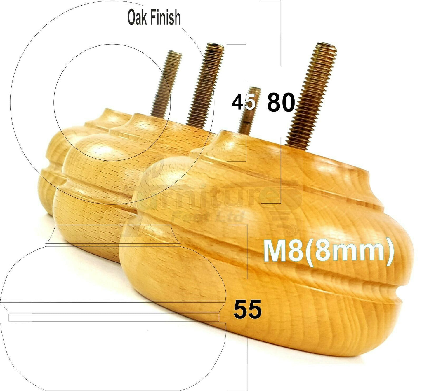4 Wood Replacment Furniture Chair Legs M8 Sofa Settee Bed Stool Feet 55mm High