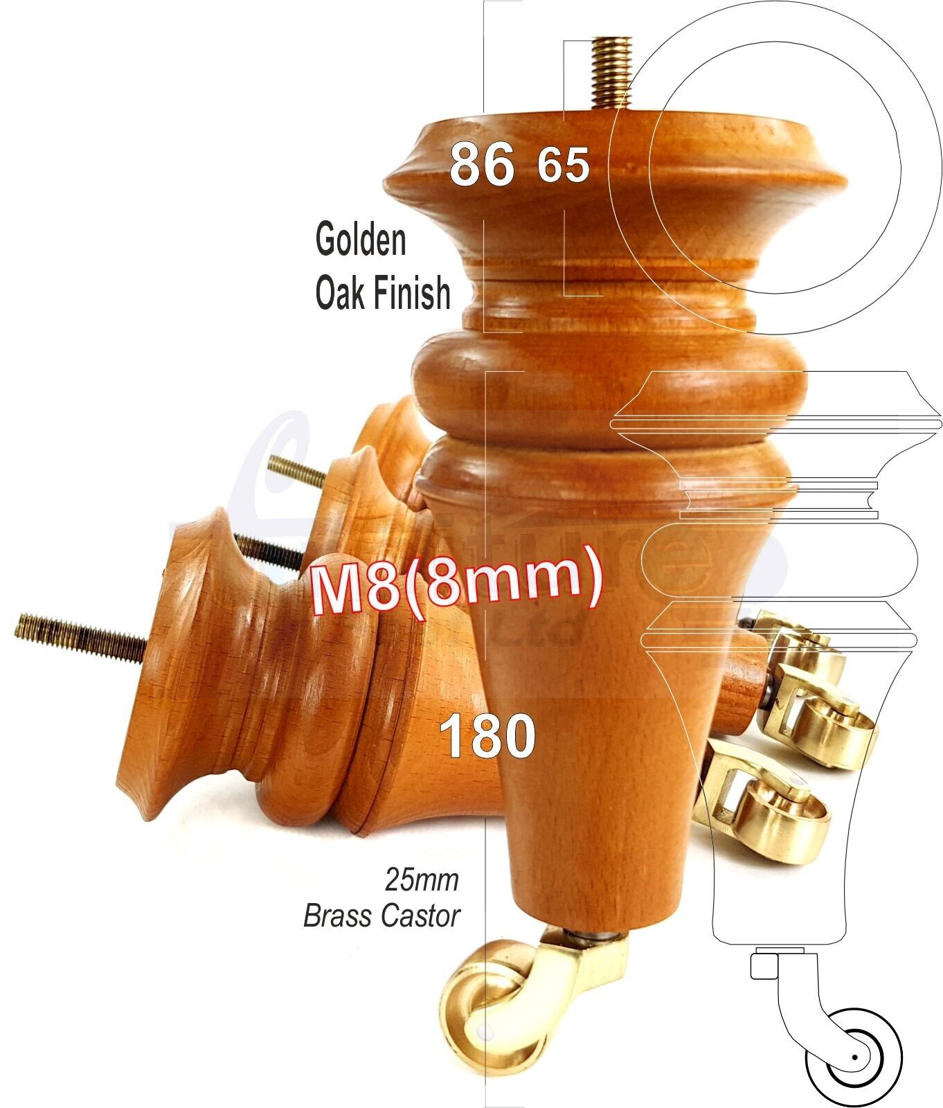 4x Turned Furniture Legs With Brass Castors 180mm High M8(8mm) Replacement Feet