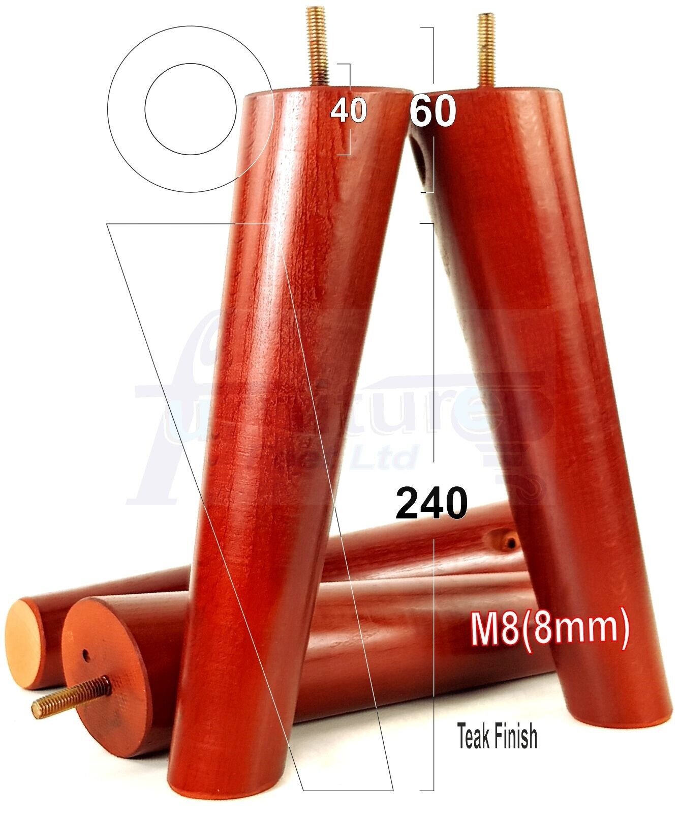 4x Wood Replacement Angled Furniture Chair Legs M8 Settee Sofa Feet 240mm High