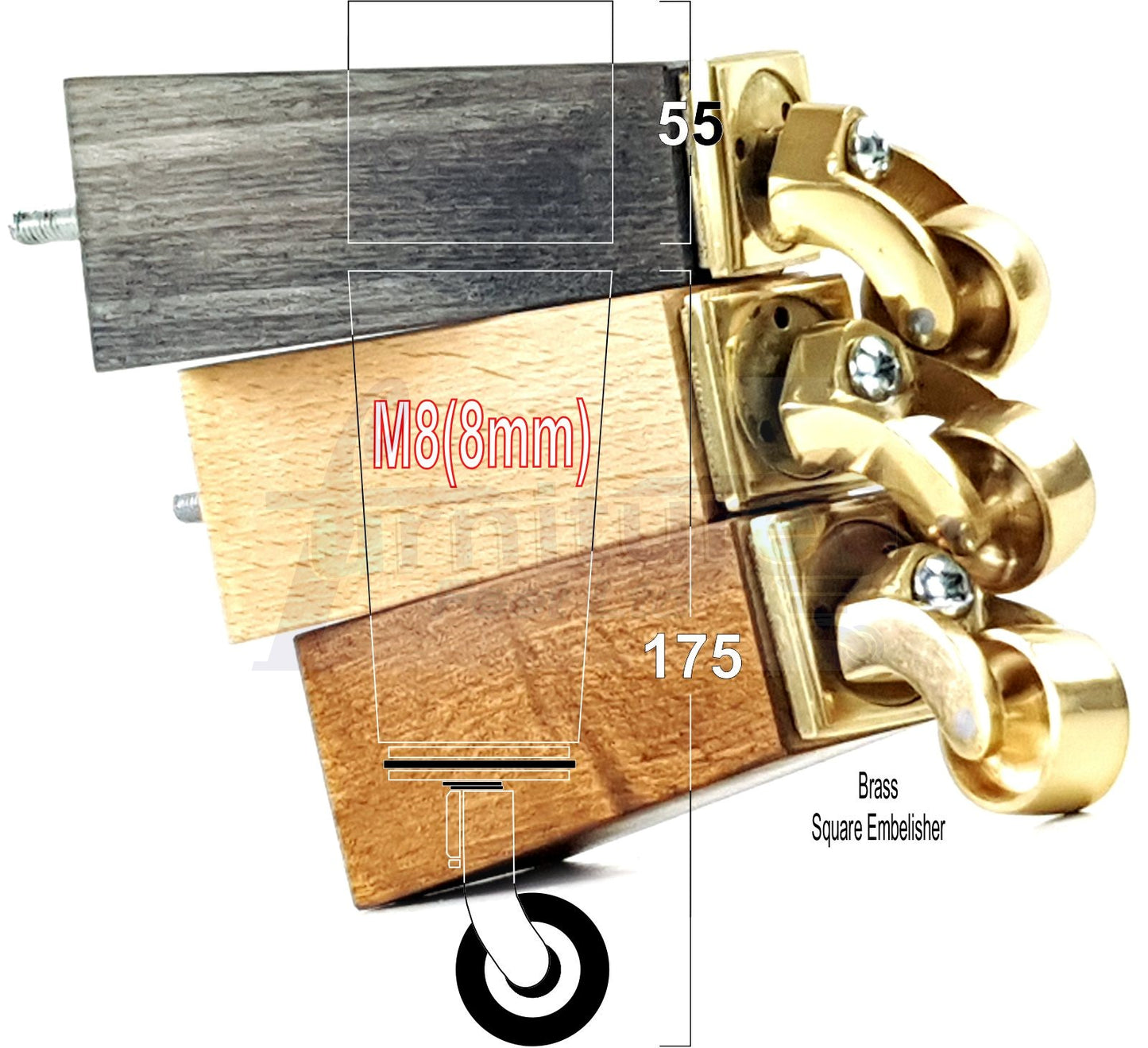 4x Solid Wood Furniture Legs Chair Sofa Bed Replacement Feet 175mm High With Brass Castors 8mm Thread