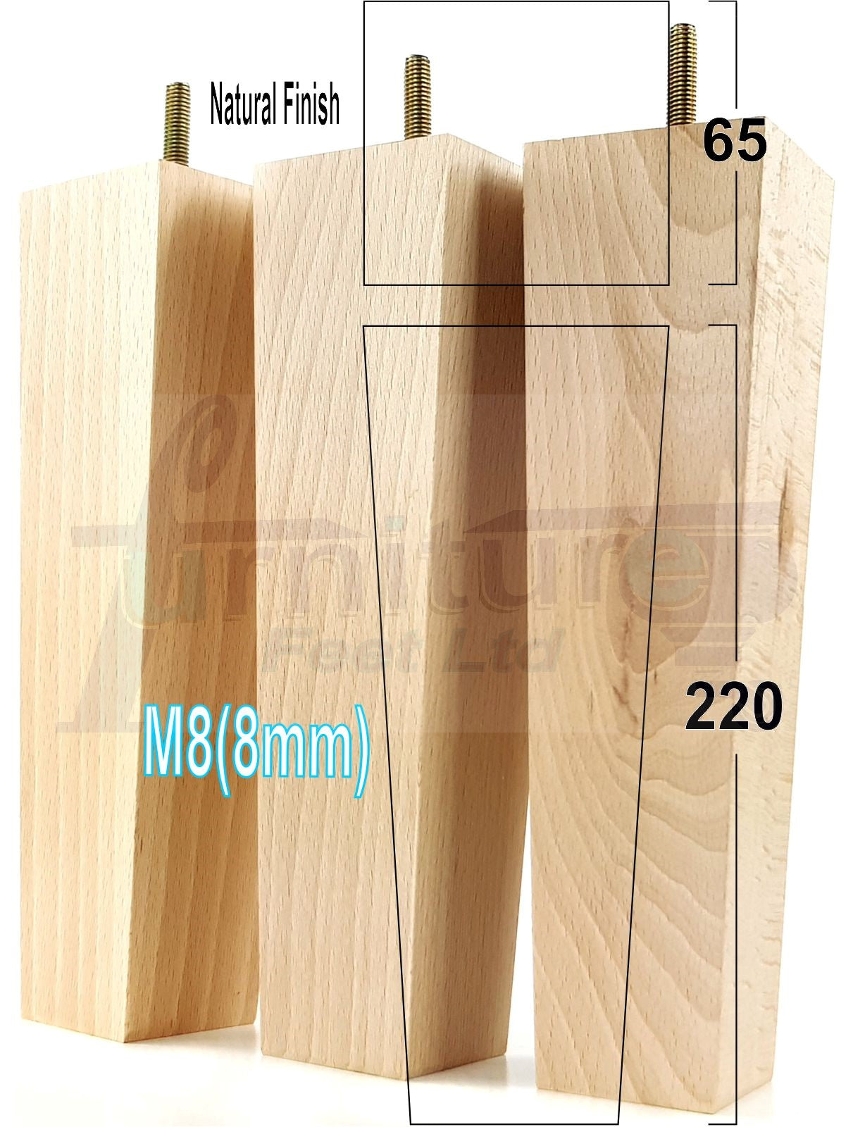 4 Solid Wood Furniture Feet Square Replacement Block Tapered Legs 220mm High M8 Sofa Chairs Stools Cabinets Beds