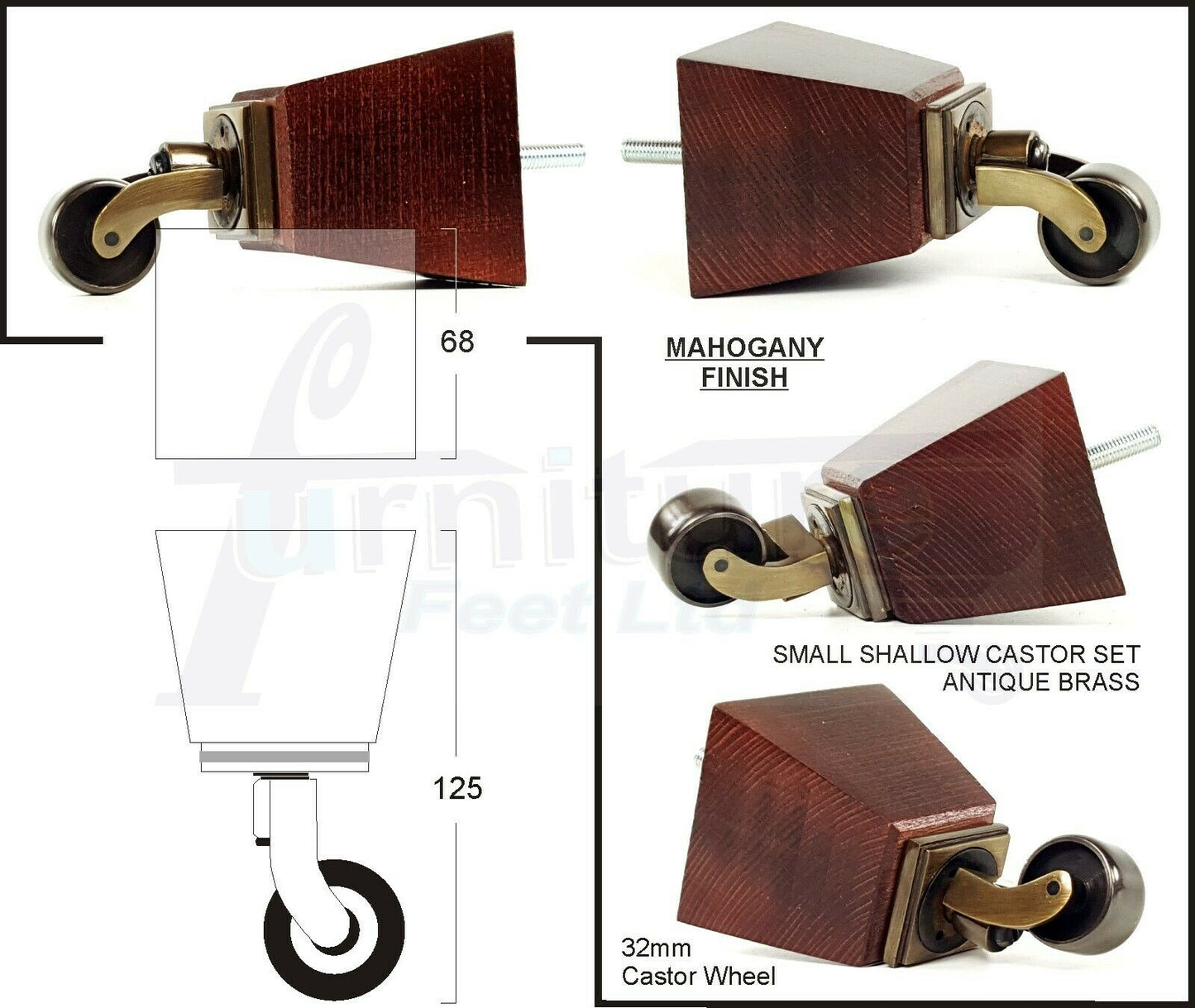 Set Of 4 Wooden Turned Replacement Furniture Legs 125mm High With Brass Castor Wheels 8mm Thread