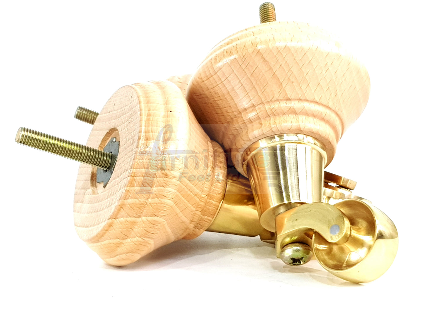 4x Natural Wooden Furniture Sofa Legs M8 With Brass Castors Replacment Chair Settee Feet 115mm - 125mm High
