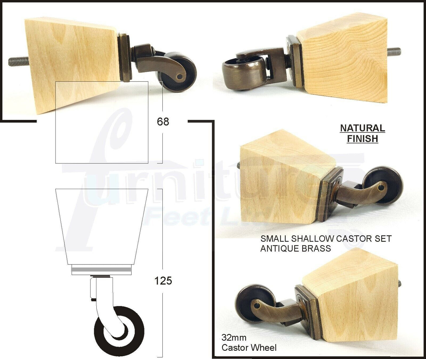 Set Of 4 Wooden Turned Replacement Furniture Legs 125mm High With Brass Castor Wheels 8mm Thread