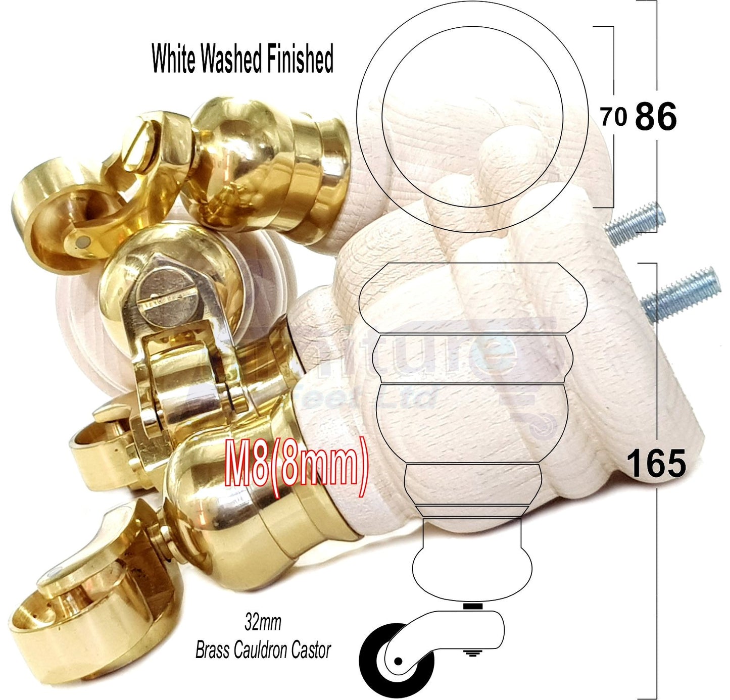 4 Turned Wood Furniture Feet With Brass Cauldron Castors 160mm Legs Sofas Chairs Stools Cabinets Beds M8 6 Inches