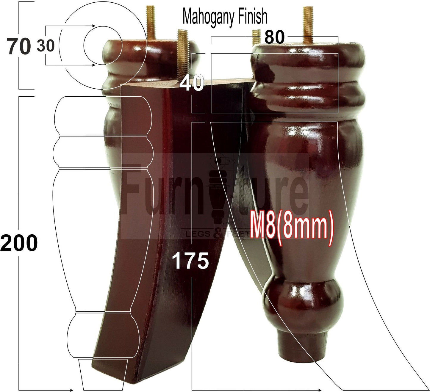 2 Turned Furniture Feet Replacement Sofa Legs 200mm & 2 Curved Back Legs 185mm for Chairs Sofa Settee Cabinets M8