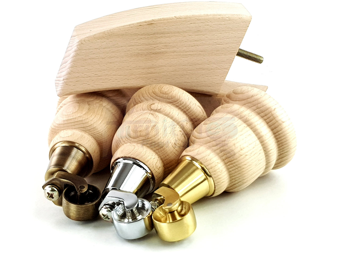 Raw Turned Wood Furniture Legs 2x With Castors and 2x Curved 165mm High 6 Inch Replacement Sofa Feet M8 Dowl Fixing