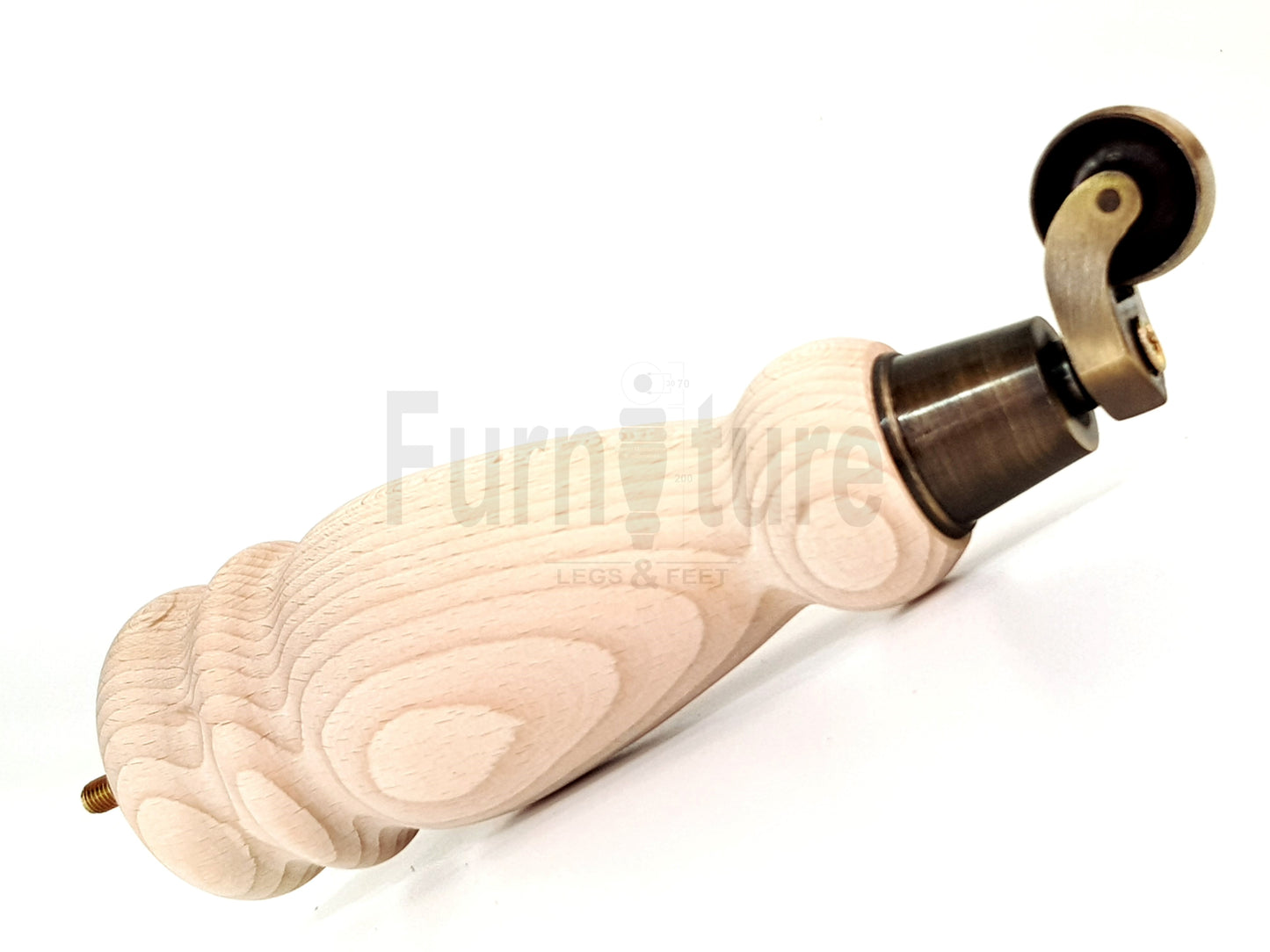 Set Of 4 Wooden Turned Replacement Furniture Legs 250mm High With Antique Brass Castor Wheels 8mm Thread