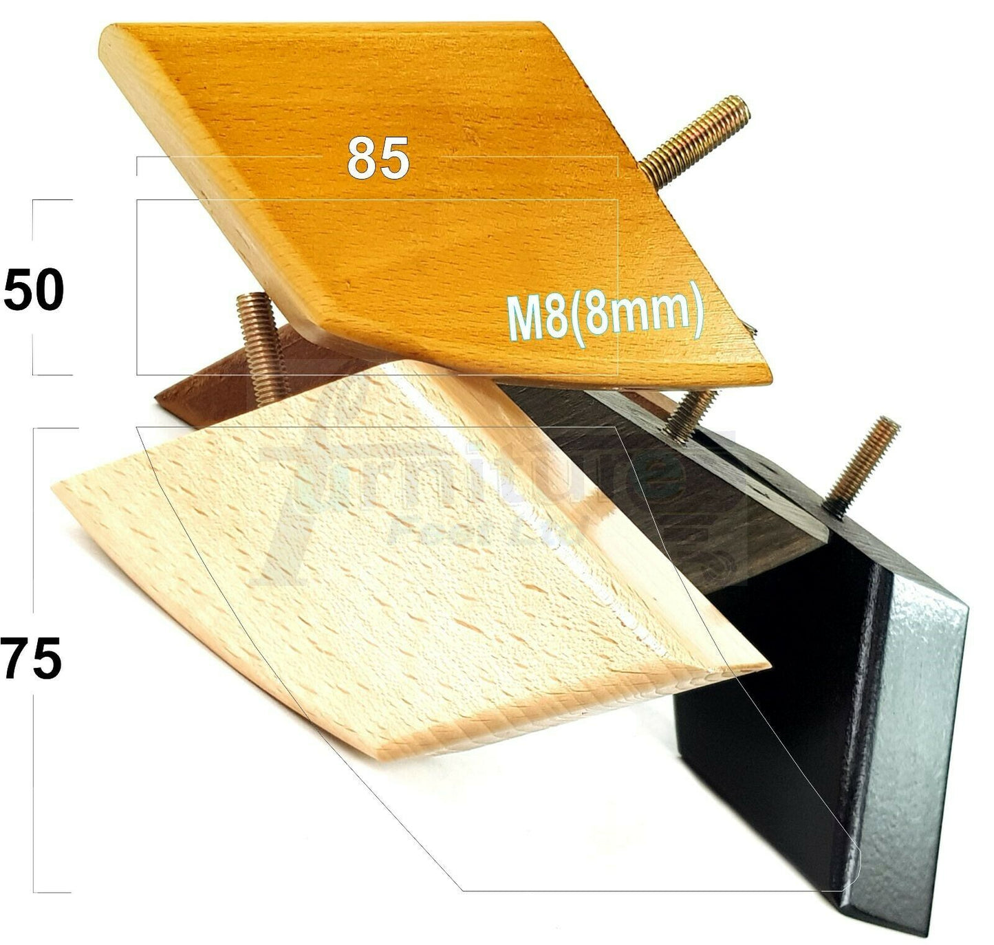 SET OF 4 WOODEN FURNITURE FEET 75mm HIGH REPLACEMENT SOFA LEGS 8mm Thread