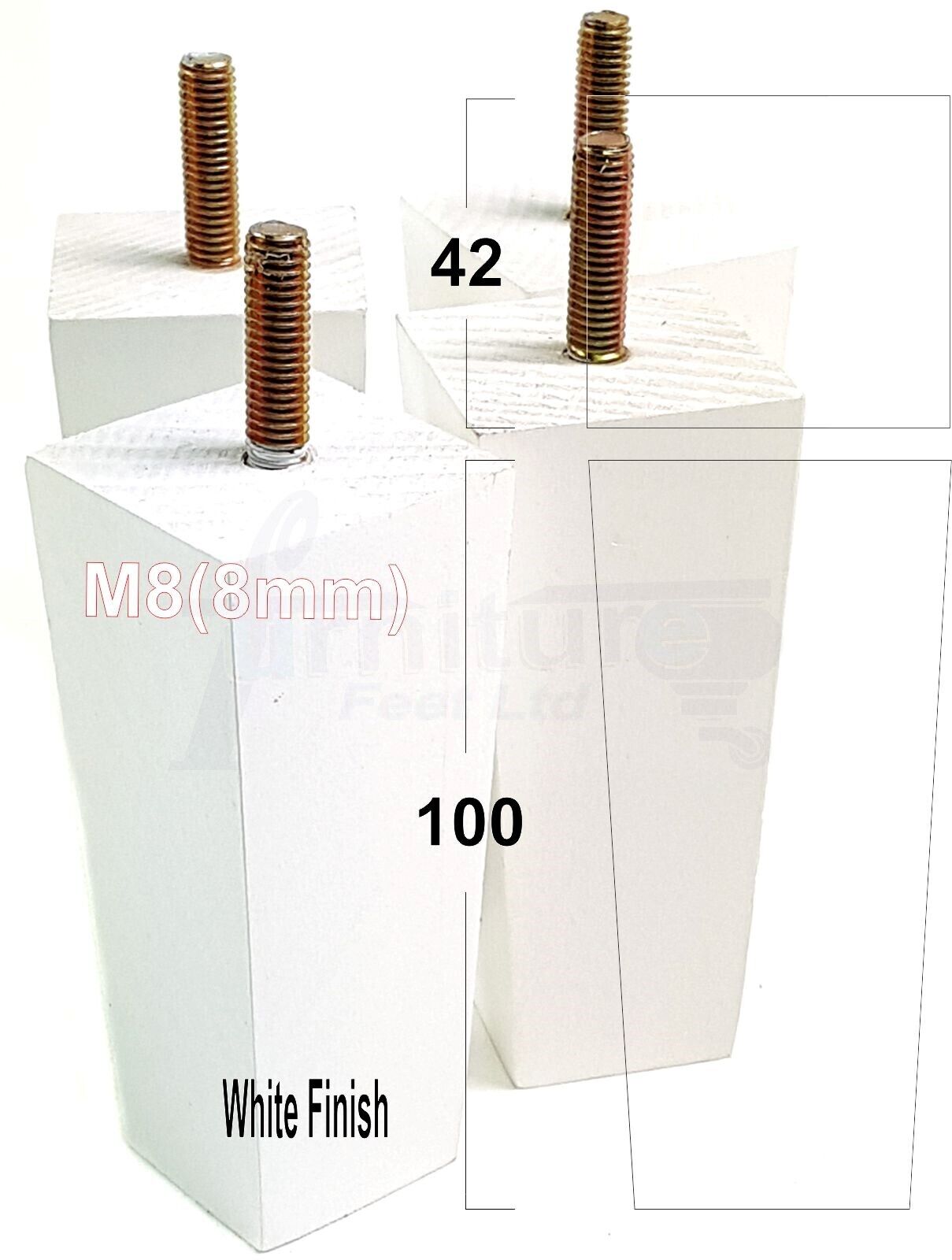 4x Solid Wood Block Furniture Legs Replacement Square Feet 100mm High M8(8mm)