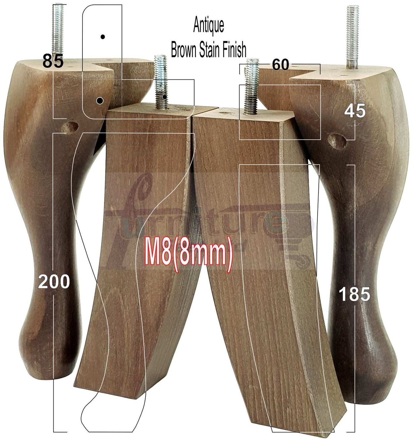 2x Vintage Queen Anne Replacement Furniture Legs & 2x Curved Back Feet 200mm High 8mm Thread