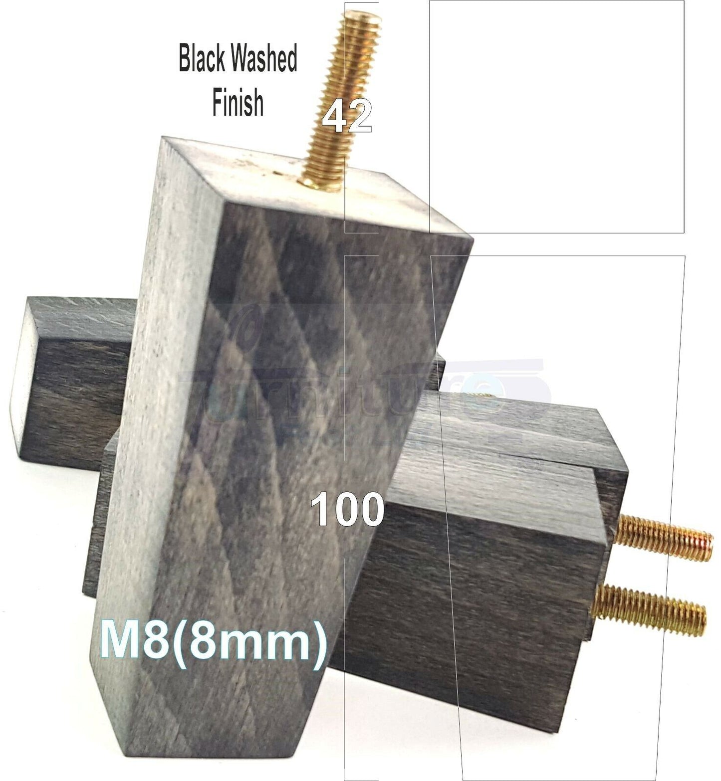 4x Solid Wood Block Furniture Legs Replacement Square Feet 100mm High M8(8mm)