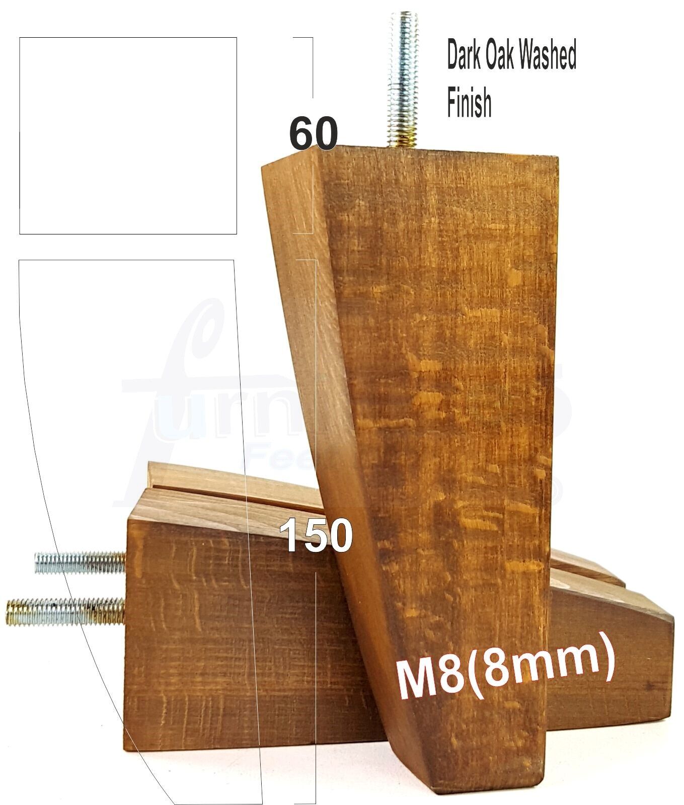 4x Tapered Square Furniture Legs Sofa Feet M8 for Chairs, Settees 150mm High