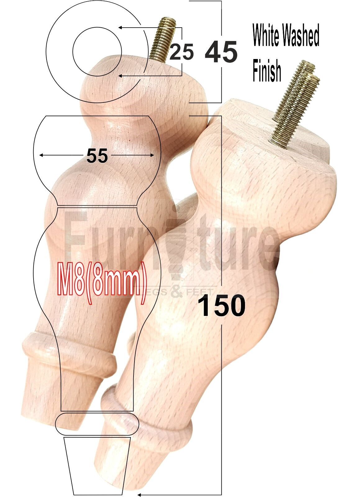 Set Of 4 Solid Wood Turned Furniture Feet Replacement Legs 150mm High 8mm Thread
