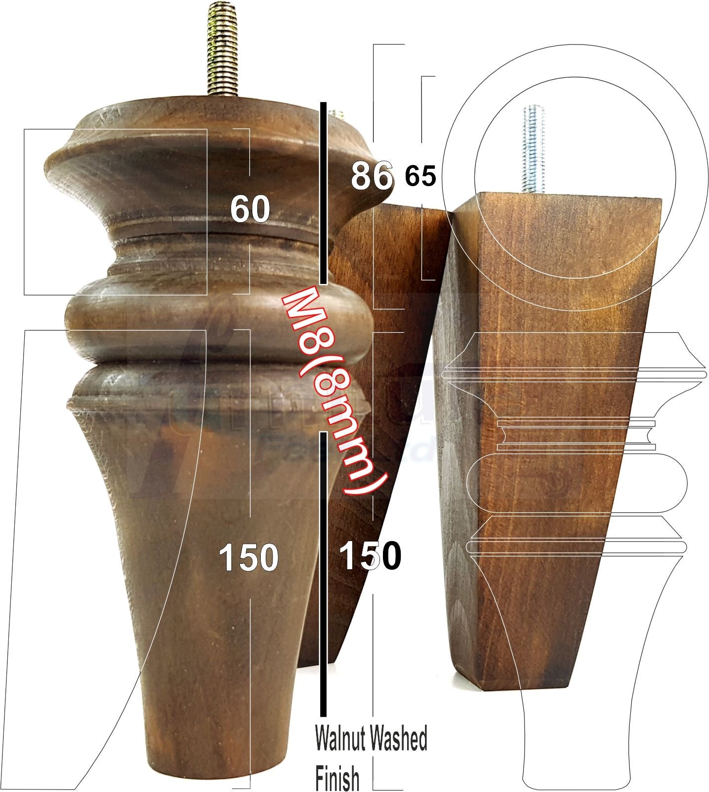 2x Turned & 2x Curved Back Wooden Feet Replacement Furniture Legs 150mm M8(8mm)