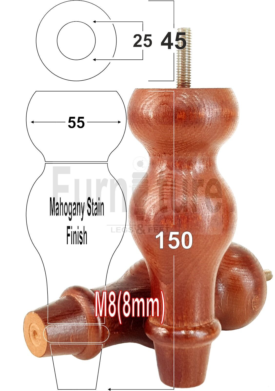 Set Of 4 Solid Wood Turned Furniture Feet Replacement Legs 150mm High 8mm Thread