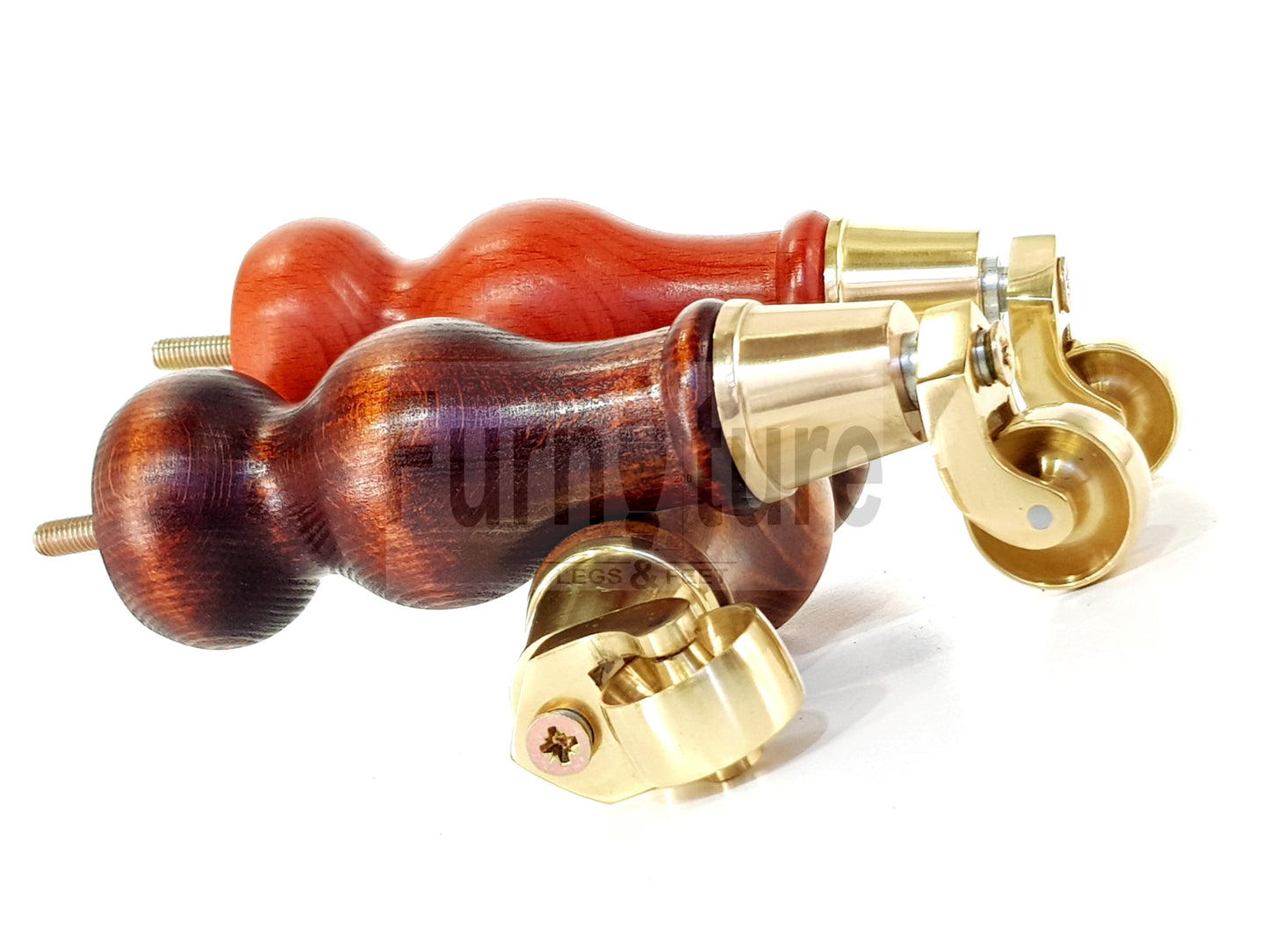 4x Turned Wood Furniture Brass Castor Legs Sofa, Chair Replacement Feet 195mm