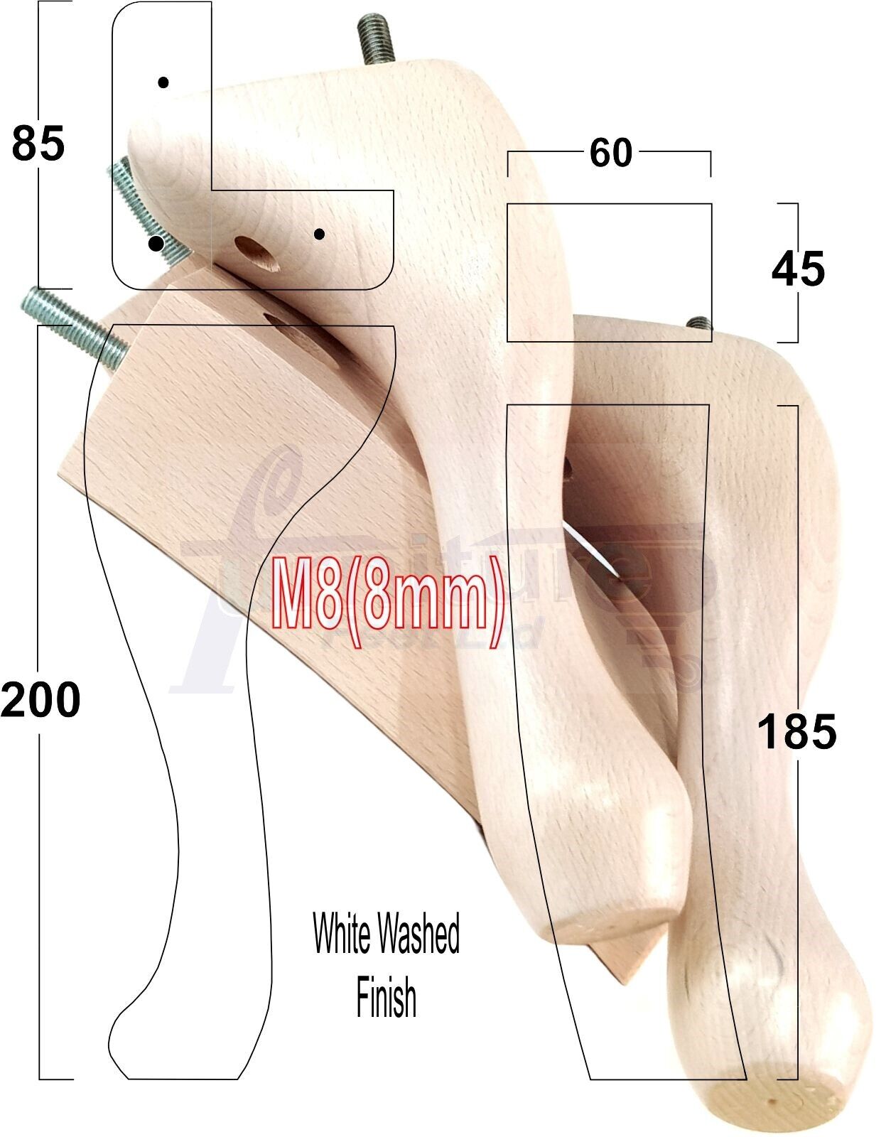 2x Vintage Queen Anne Replacement Furniture Legs & 2x Curved Back Feet 200mm High 8mm Thread