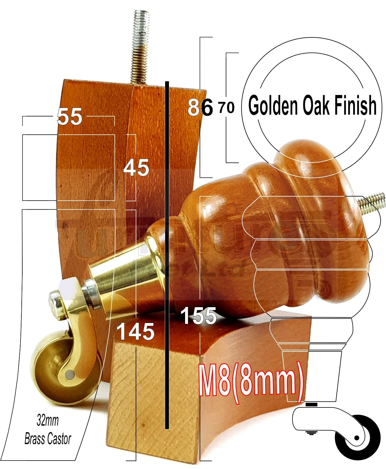Golden Oak Turned Wood Furniture Feet 2 With Castors 155mm and 2 Curved Back Legs Sofas Chairs Stools Cabinets Beds M8 6 Inches
