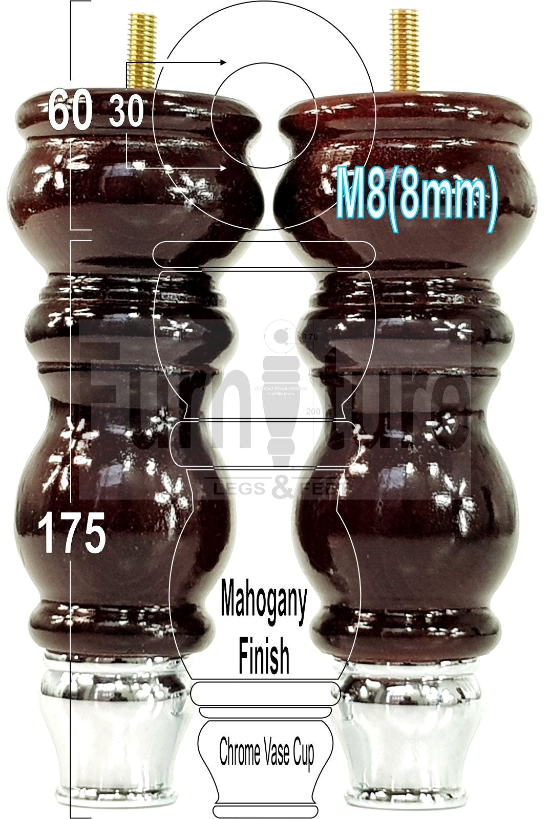 4x Furniture Feet With Slipper Cup 175mm High Legs Mahogany Finish Wood M8 Sofas Chairs Cabinets
