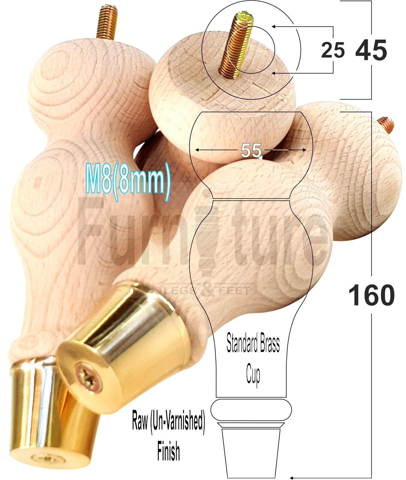 4x Turned M8 Wood Furniture Chair Sofa, Settee Legs Feet Brass Slipper Cup 160mm